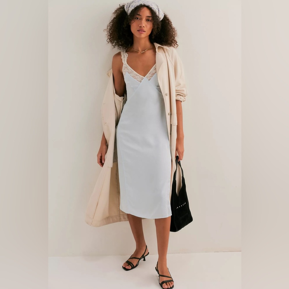 Function & Fringe Edit | Lace Trim Slip Midi Dress | Side Slit Pale Blue